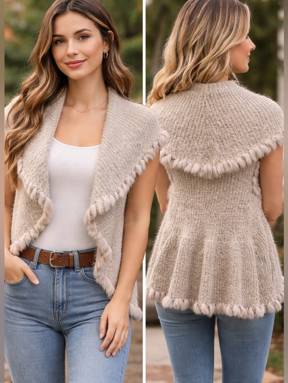 Love Token Genuine Fur trim Vest wide collared Beige Shrug